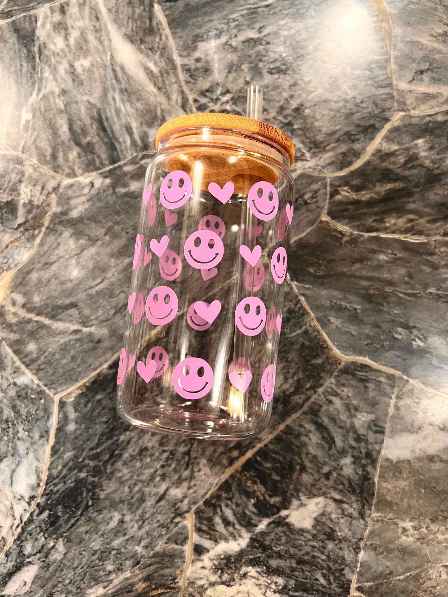 smiles + hearts 12oz glass cup w/ lid