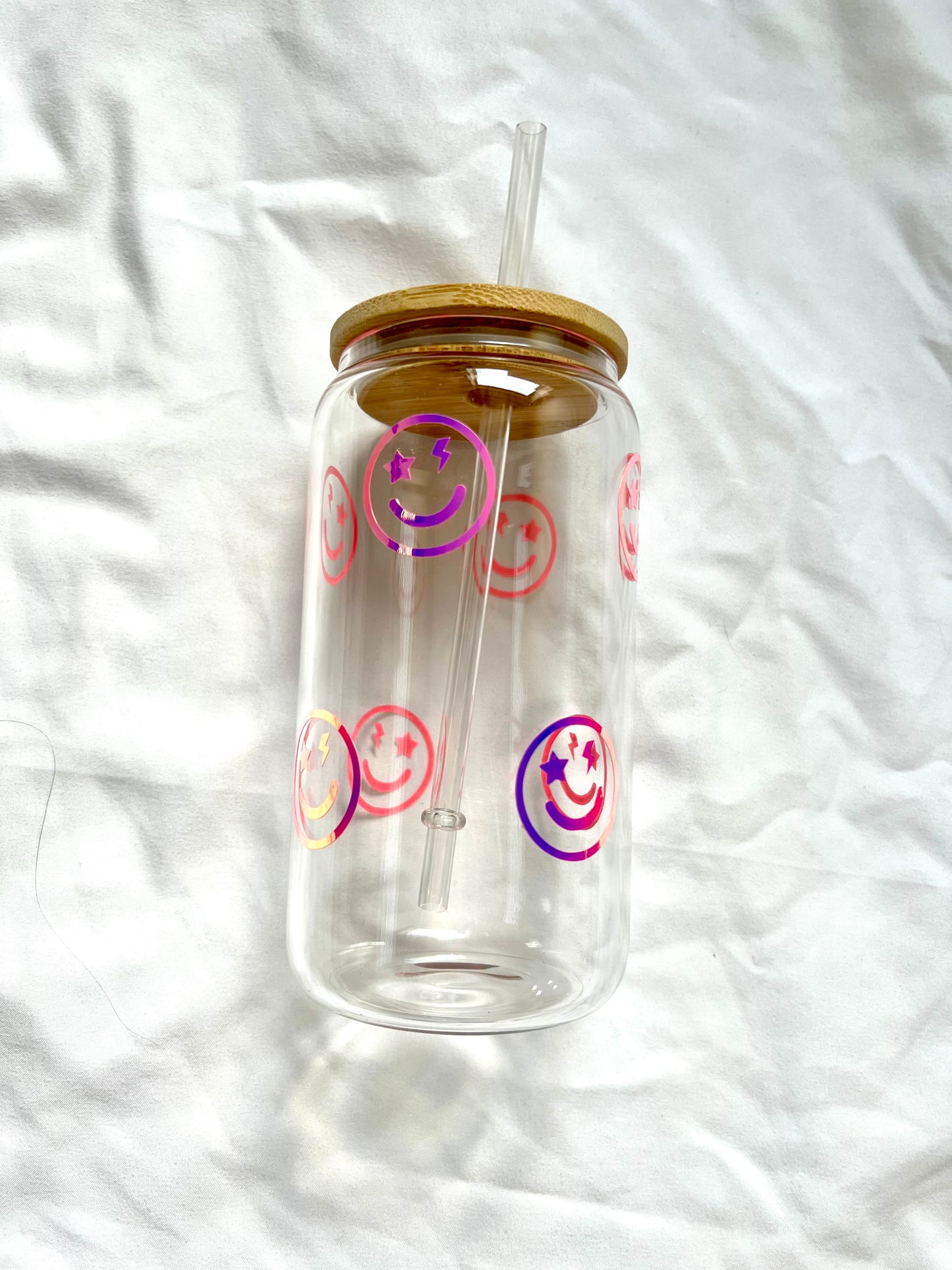 16oz Smiley Face glass cup w/ lid