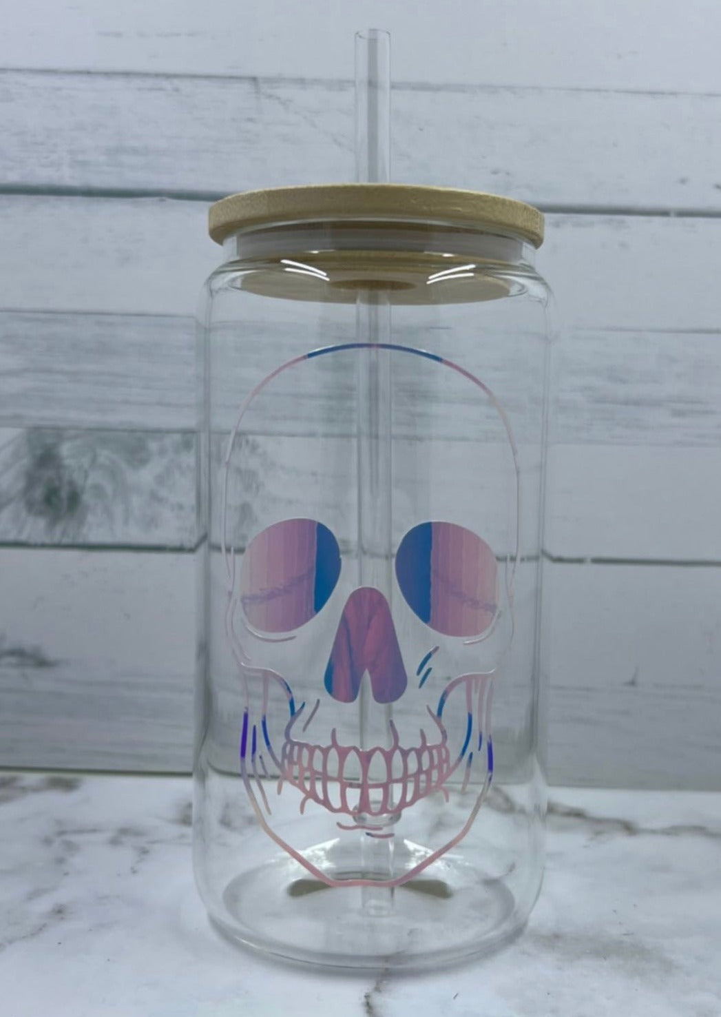 Skull 16oz glass cup w/ lid