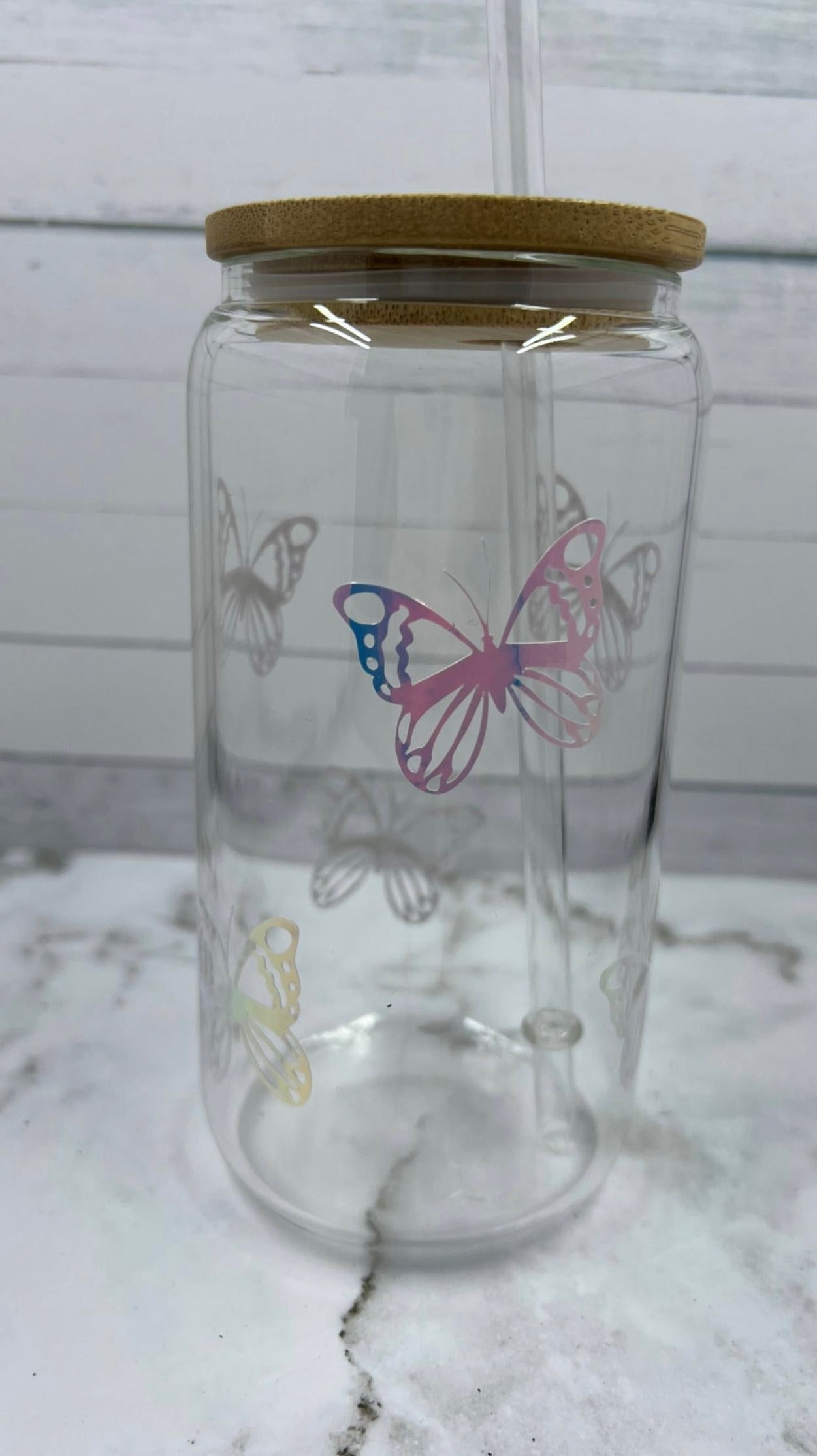 Butterfly 16oz glass cup w/ lid