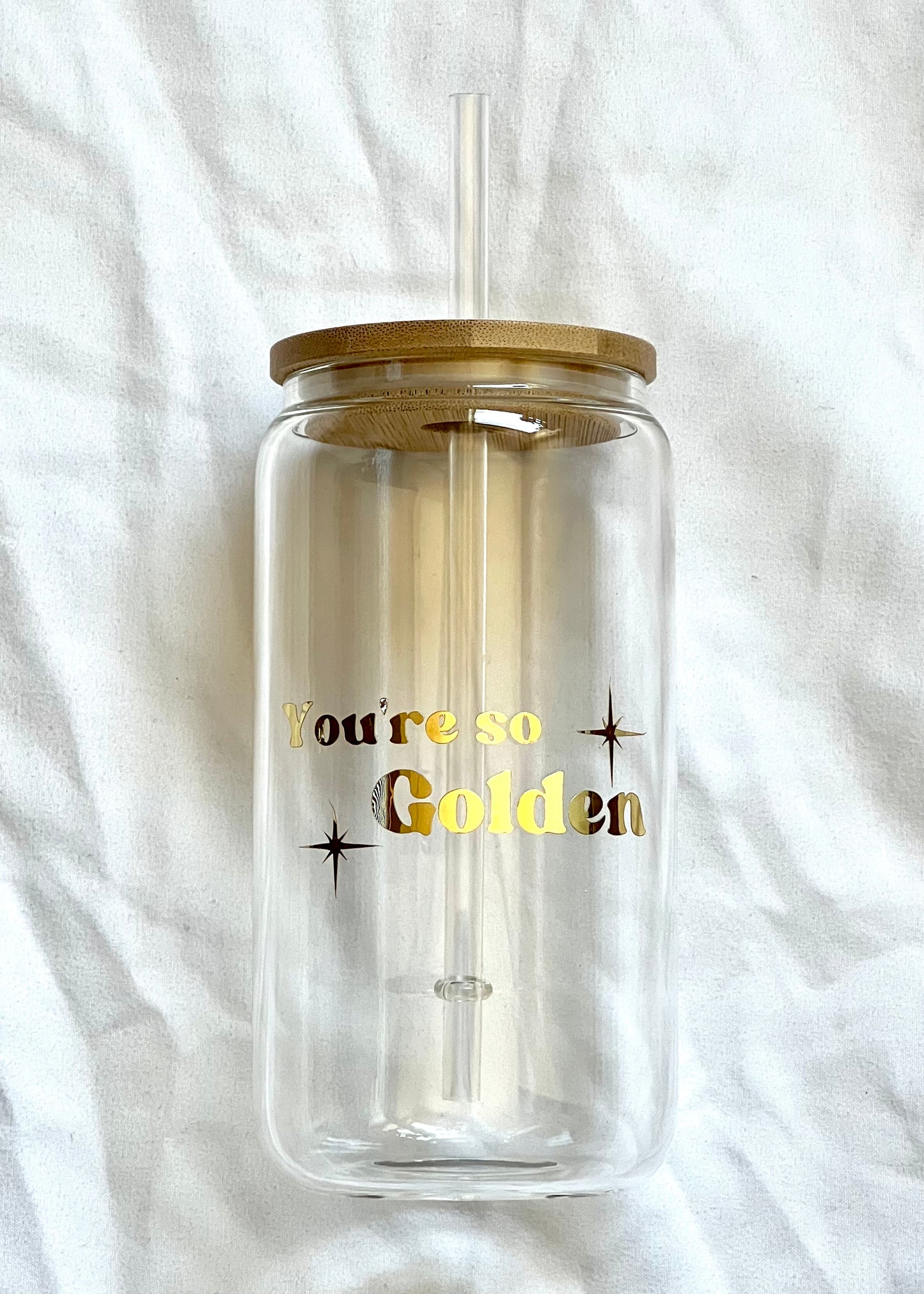 You're So golden 16oz glass cup w/ lid
