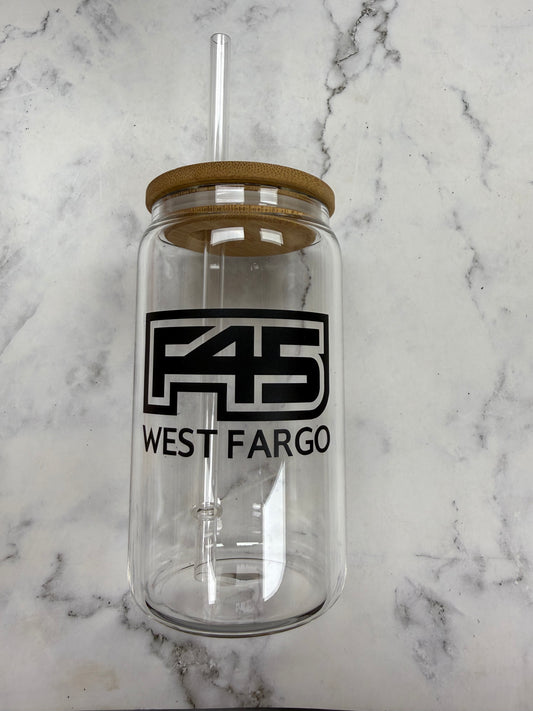 F45 West Fargo 12oz glass cup w/ lid