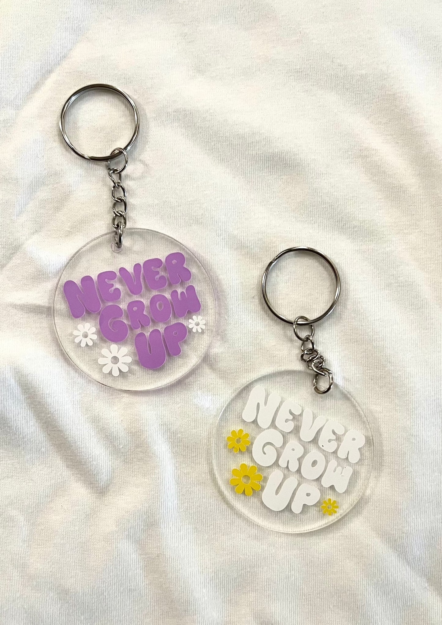 Never Grow Up round keychain