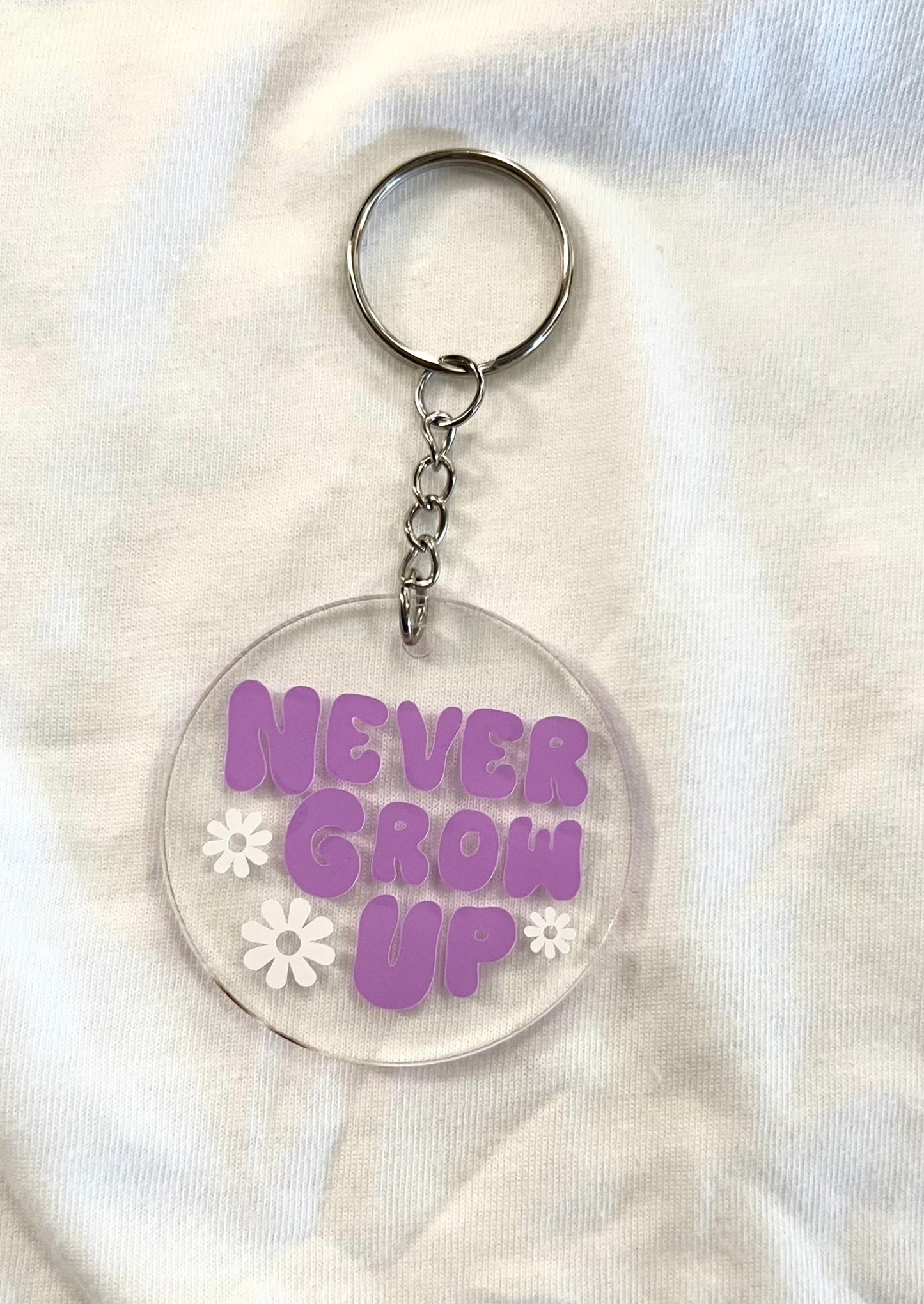 Never Grow Up round keychain