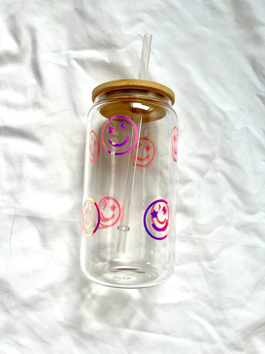 Smiley Face glass cup w/ lid