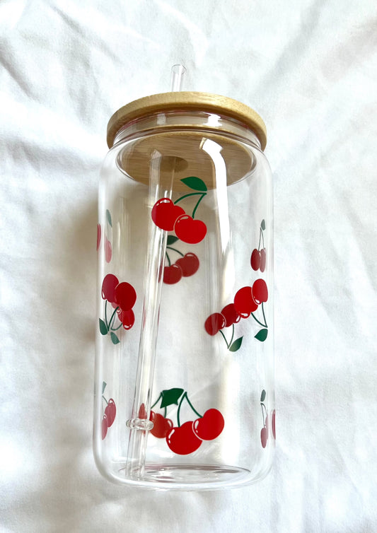 Cherries glass cup w/ lid