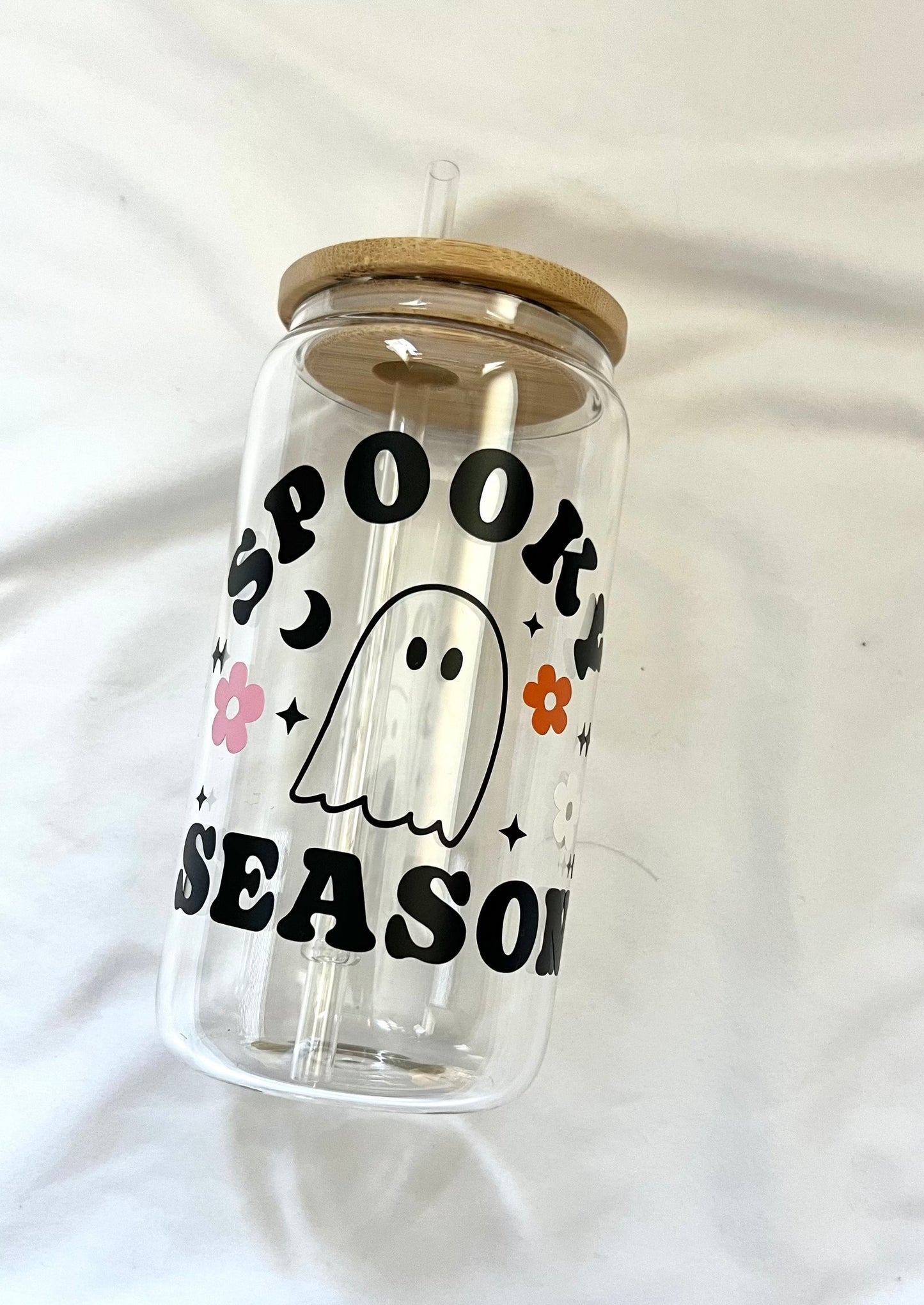 16oz Spooky Season Ghost glass cup w/ lid