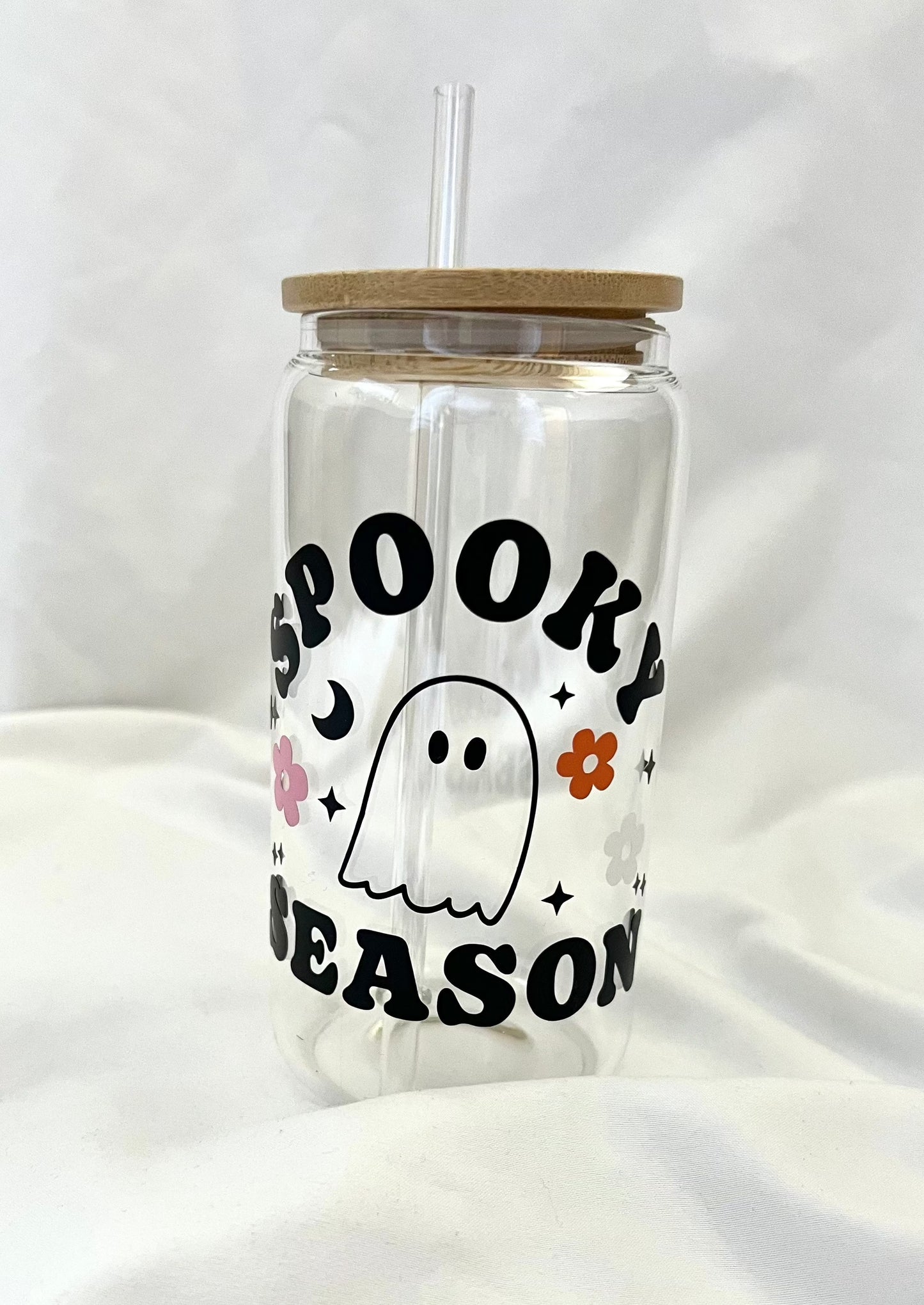 16oz Spooky Season Ghost glass cup w/ lid