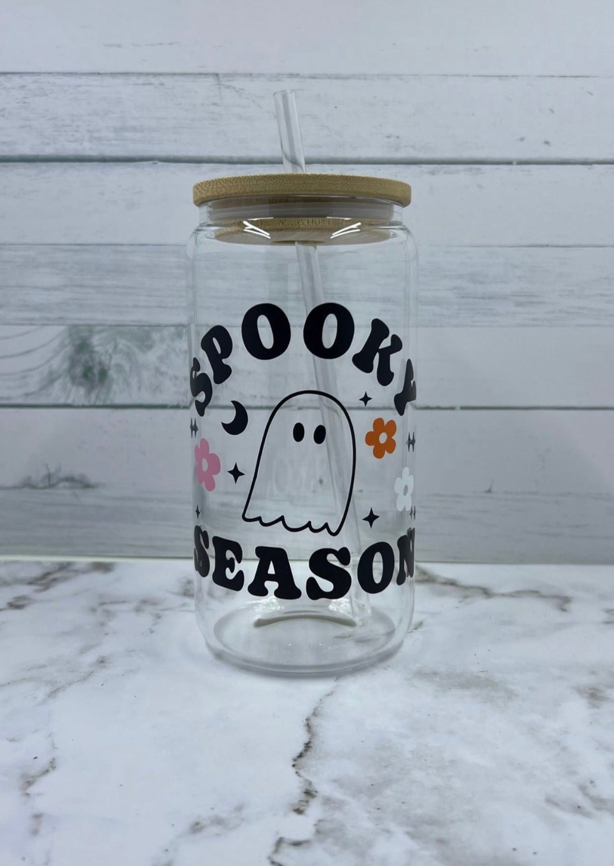 16oz Spooky Season Ghost glass cup w/ lid