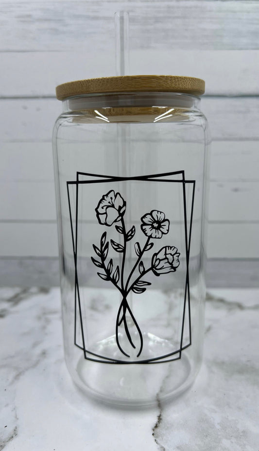 16oz Framed Flowers glass cup w/ lid