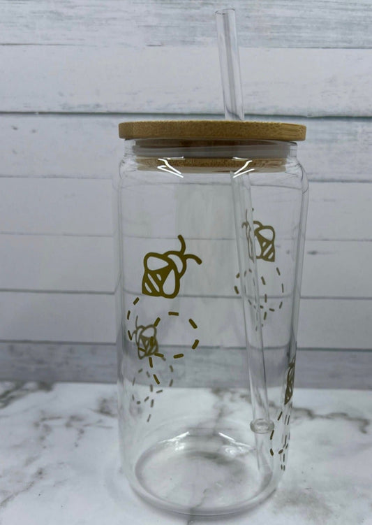 16oz Bees glass cup w/ lid