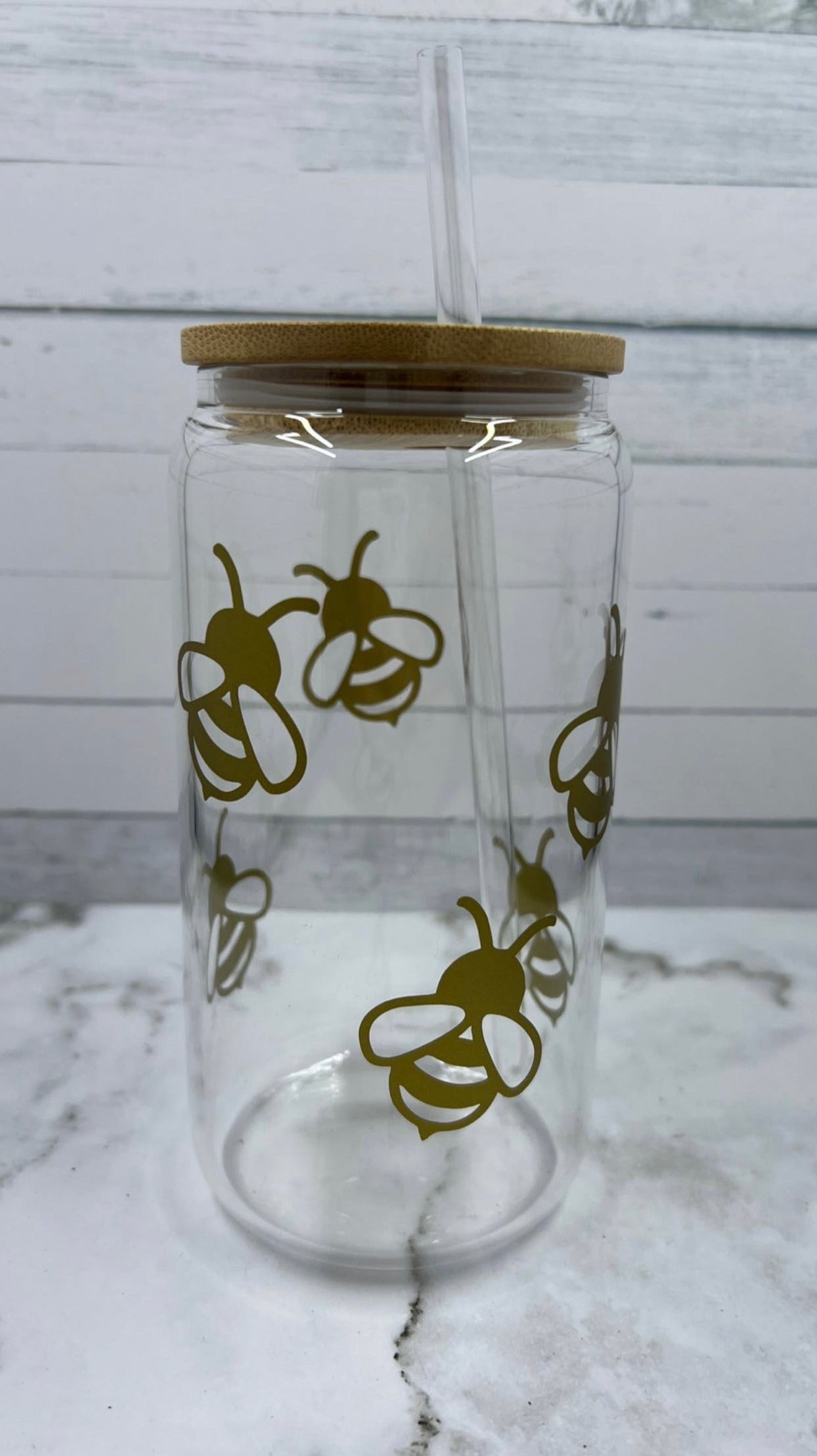 16oz Bees glass cup w/ lid