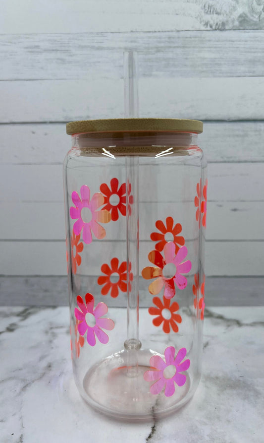 16oz Hippy Flowers glass cup w/ lid