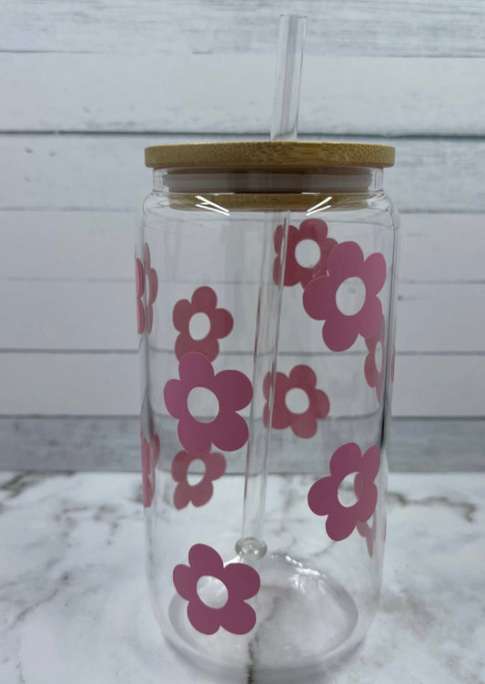 16oz Retro Flowers glass cup w/ lid