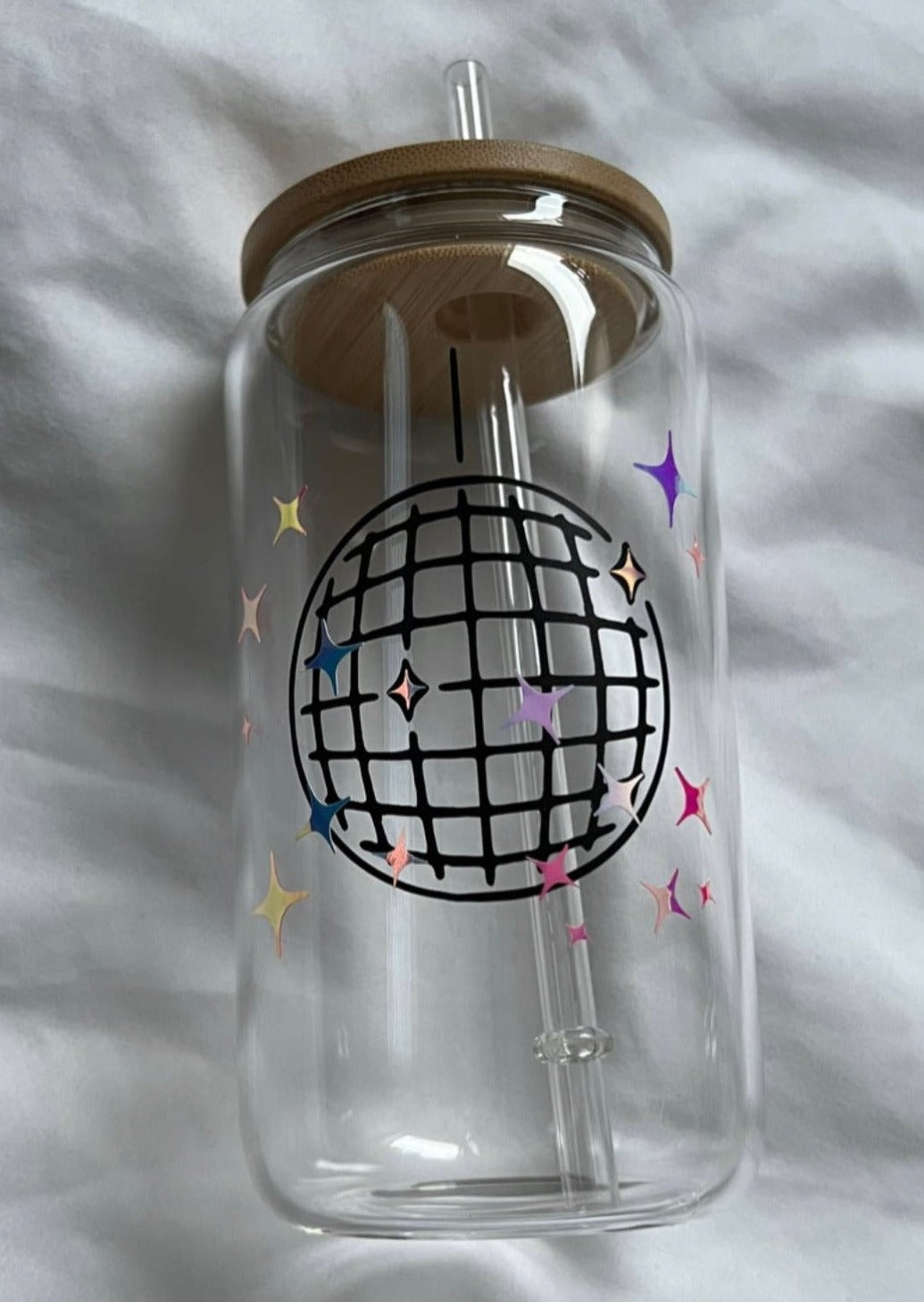 16oz Disco Ball glass cup w/ lid