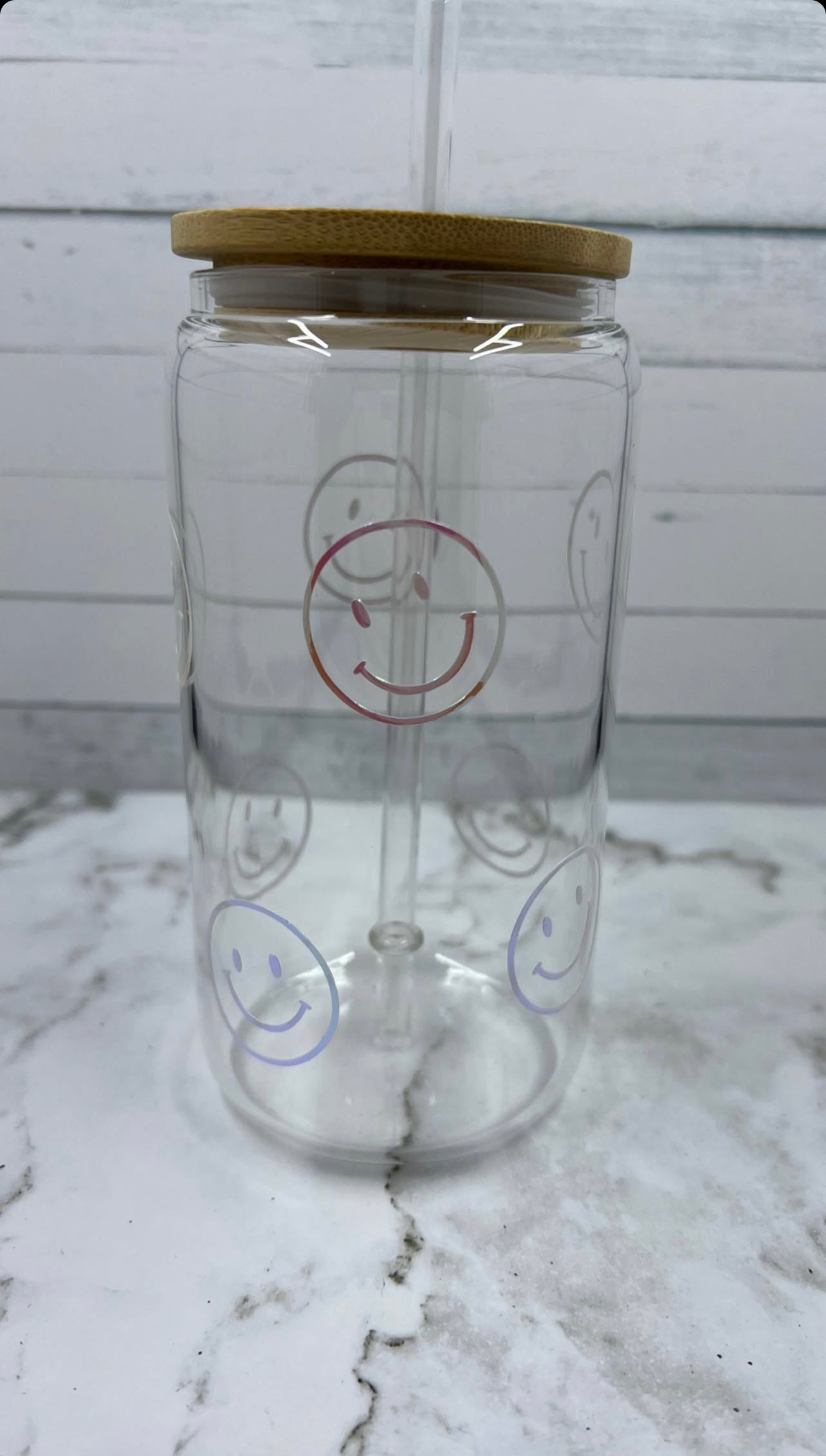 16oz Smiley Face glass cup w/ lid