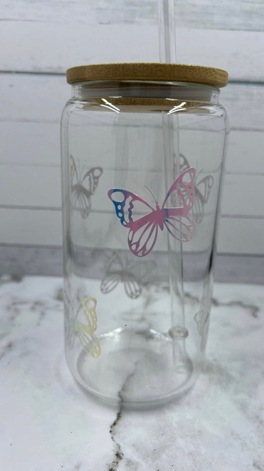 16oz Butterfly glass cup w/ lid