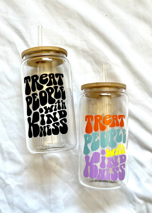 16oz Treat People With Kindness glass cup w/ lid