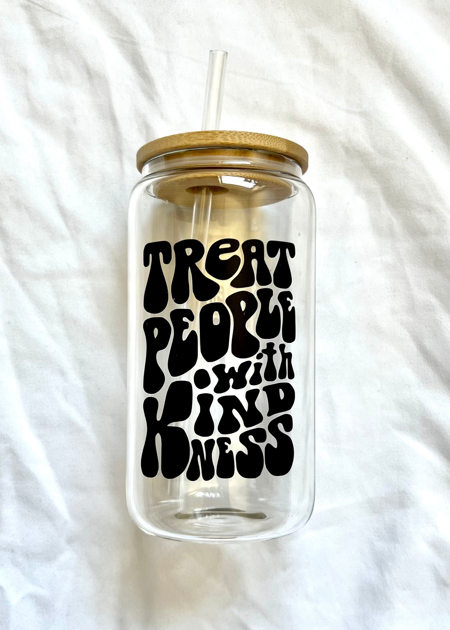 16oz Treat People With Kindness glass cup w/ lid